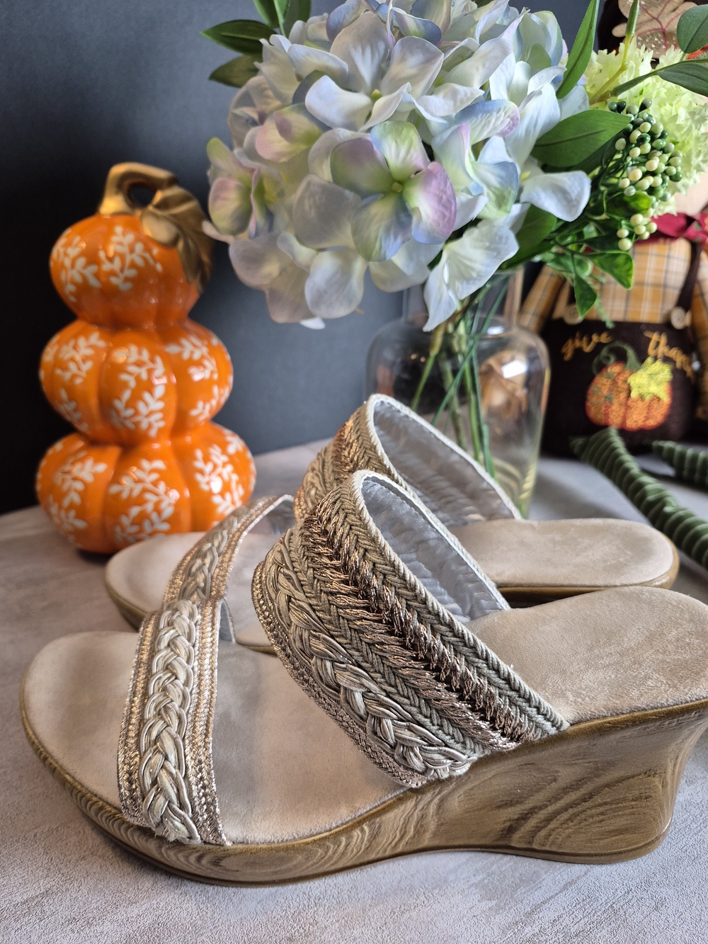 Woven Metallic Neutral Wedge Sandals - Women. Size 8